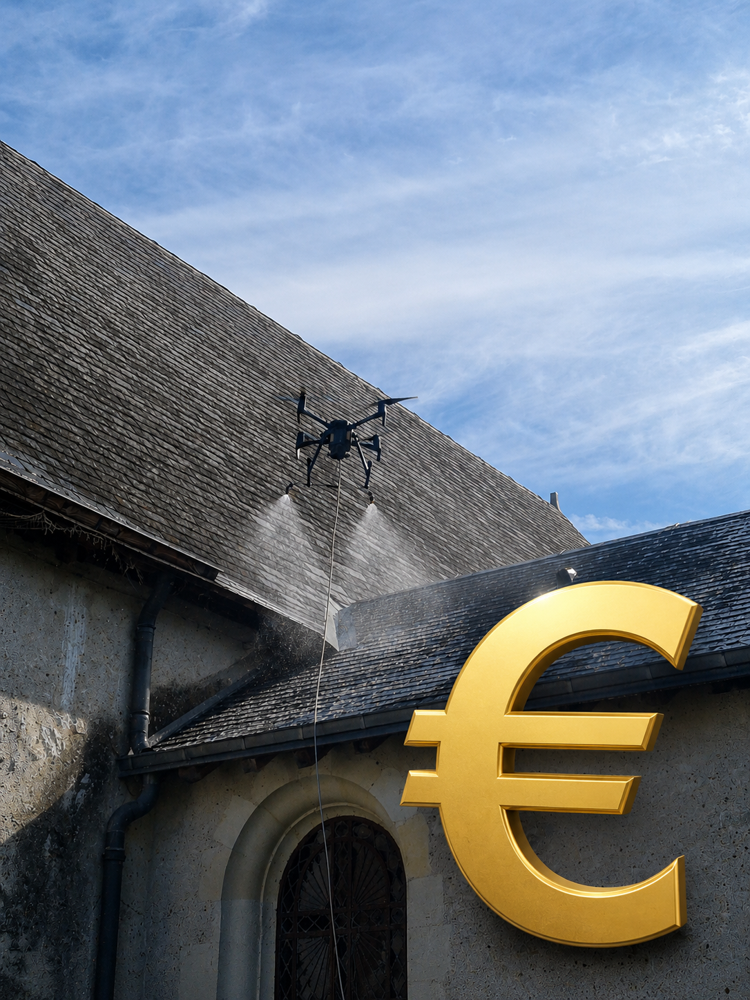 Nettoyage de toiture par drone en cours sur une maison
