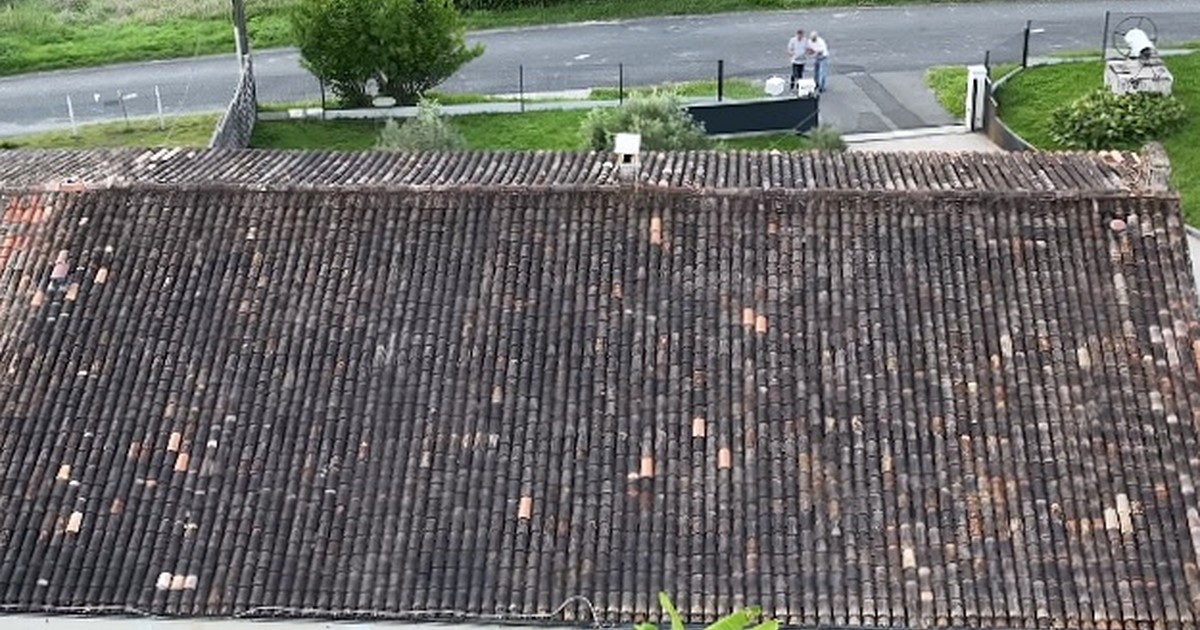 Toiture en tuiles noircie par les mousses et lichens, vue aérienne par drone